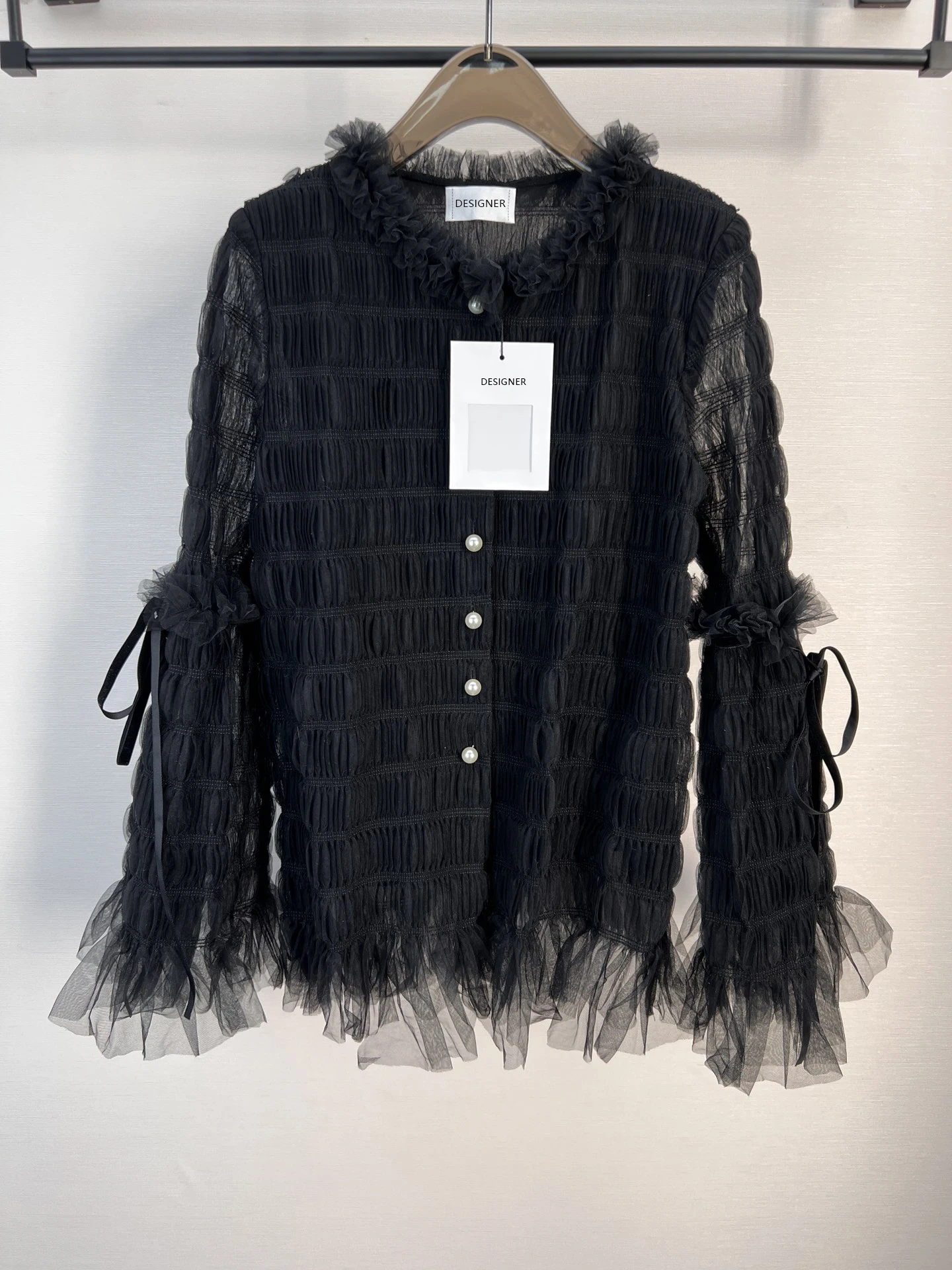 

2022 New Spring Luxury Mesh Flare Sleeve Women High Quality Tops Elegant Sweet Chic Runway Designer Vintage Blouse