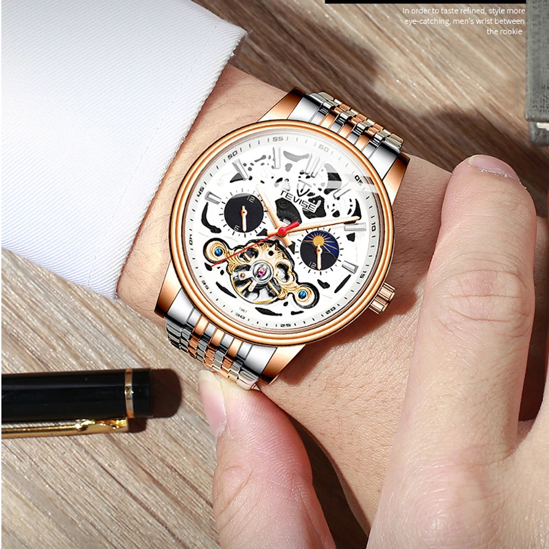 Механические часы с скелетом Луны и фазой для мужчин автоматические мужские