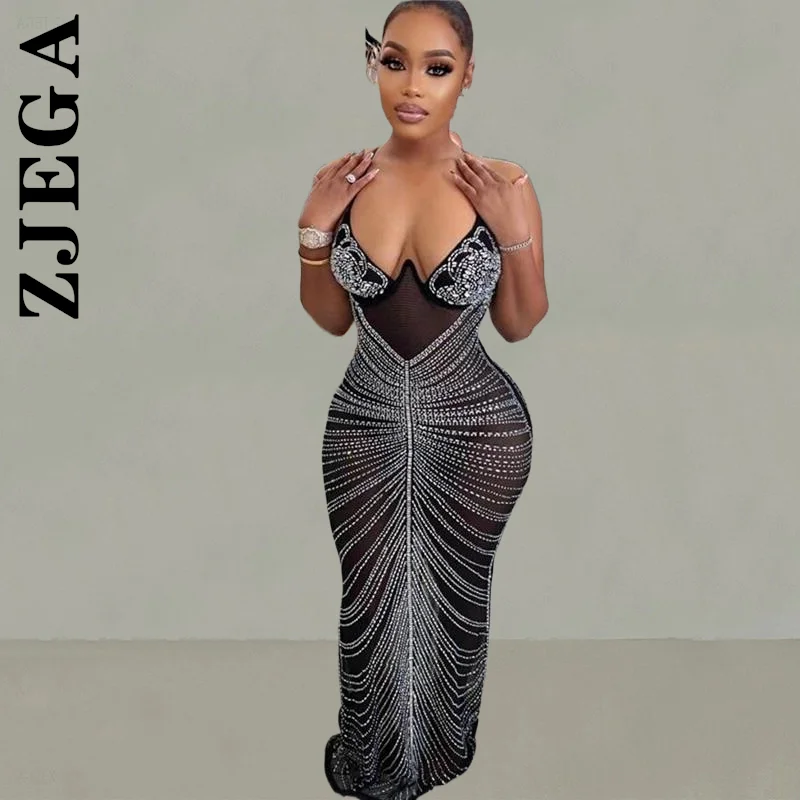 

Zjega New Dress Women Black Mesh Sheer Rhinestones Maxi Dress Robe Girl Slim Dresses Chic Female Woman Clothes Vestidos