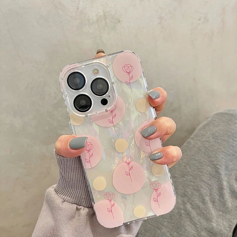 

Fashion Pink Rose Phone Case For iPhone 13 Pro Max 14 12 11 Laser Cartoon Soft Silicone Back Cover