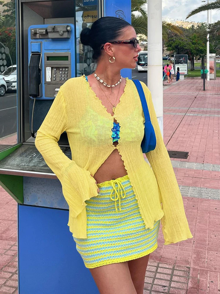 

Y2K Long Sleeve See Through Crop Top Women 2022 Summer Sexy V Neck Party Club Outfit Casual Yellow T Shirts Vacation Beach Tee