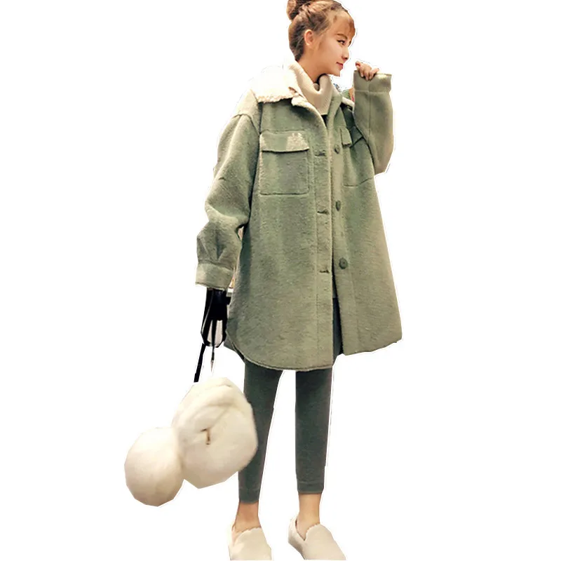 

Женское шерстяное пальто с лацканами, длинное Свободное пальто из искусственного бархата зеленого цвета авокадо и овечьей шерсти, пальто н...