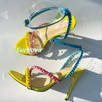 summer new product mixed colors sandals rivet sexy thin high heels open toe ankle buckle women shoes cross strap three colors