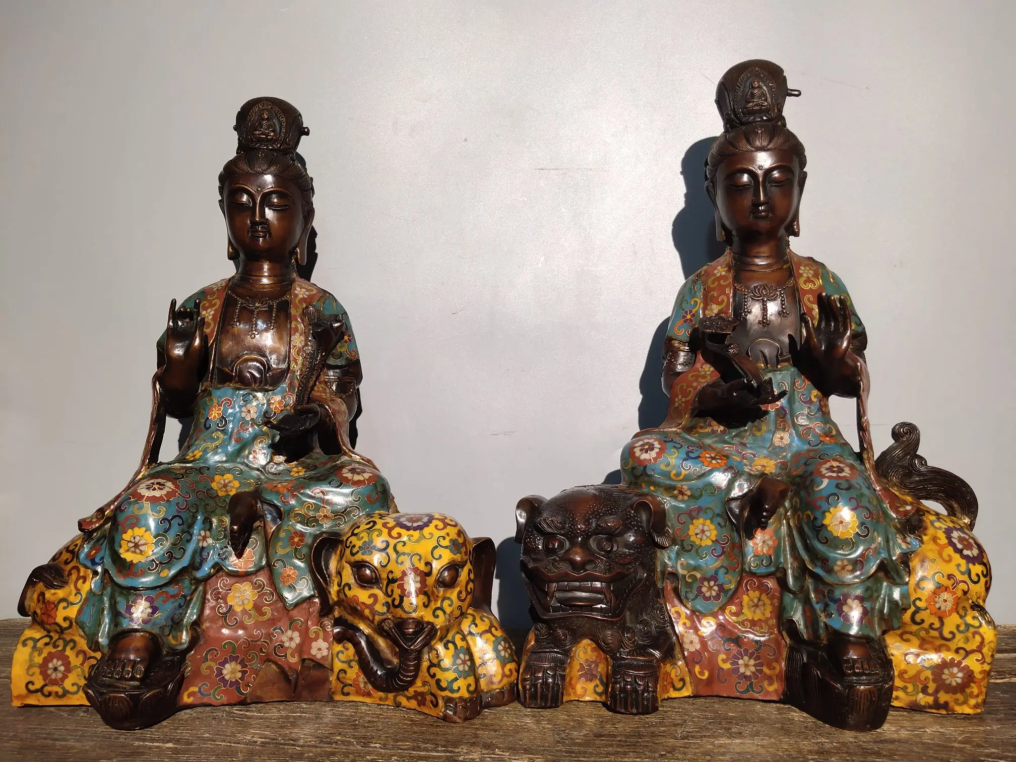 21Tibetan Temple Collection Old Bronze Cloisonne Enamel Manjushri Samantabhadra 2 Buddhas mount worship buddha Town House