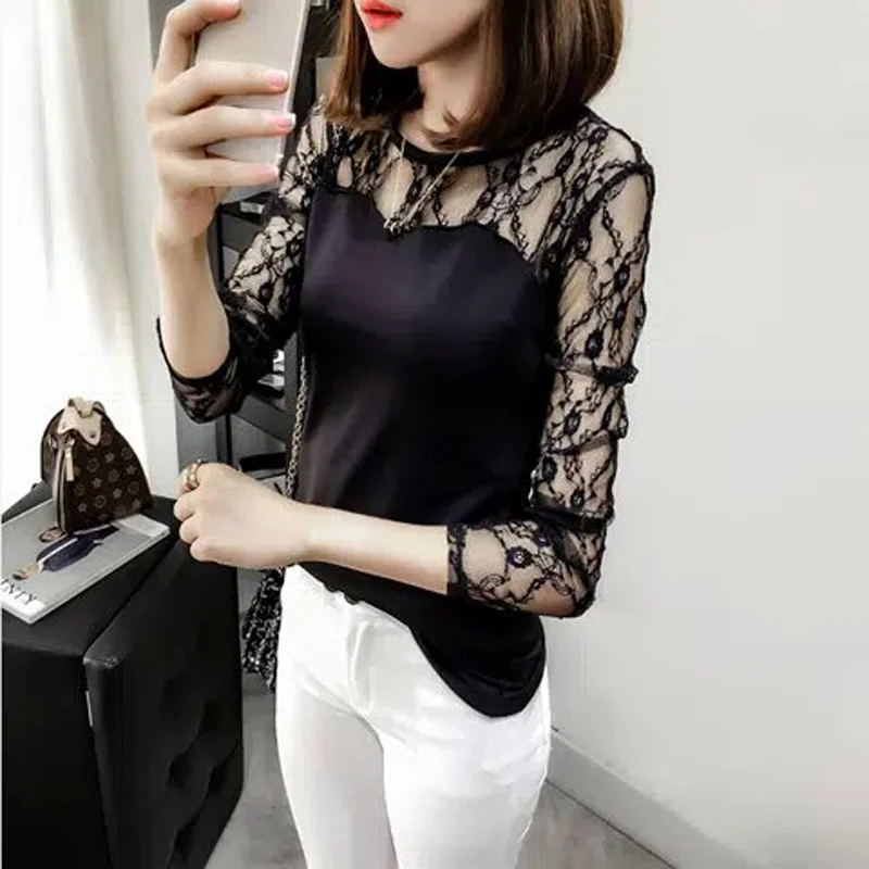 Купи Sexy Mesh Lace Patchwork Black White Basic T Shirt Women Autumn Casual Fashion Slim Elegant Long Sleeve Club Top Female Clothing за 795 рублей в магазине AliExpress