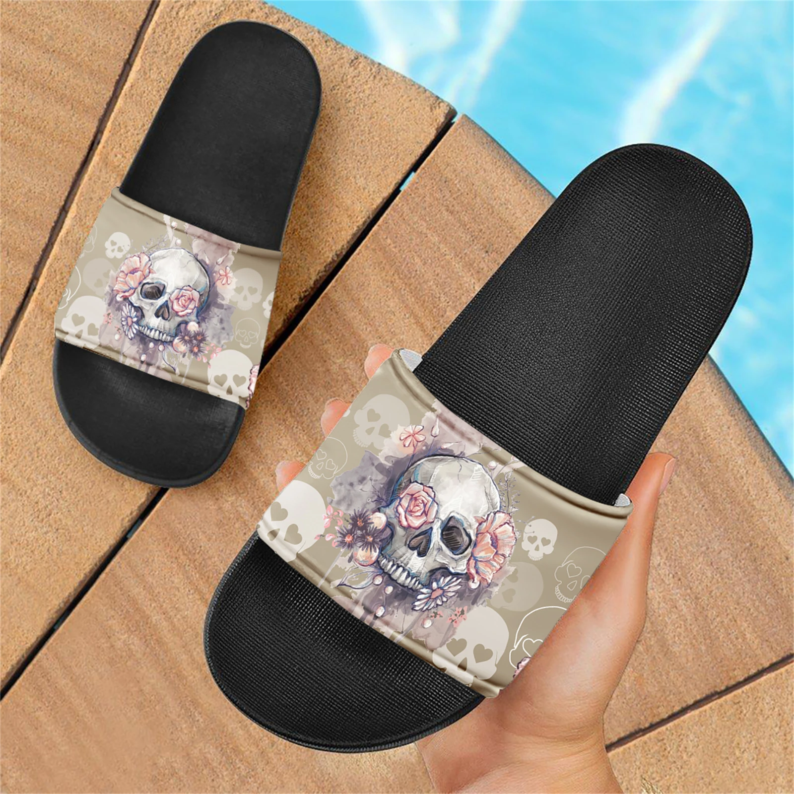 Vintage Skull Rose Designer Female Sandals Indoor Outdoor Breathable Lightweight Slippers Comfortable Non-slip Bathroom Flats