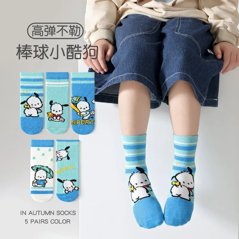 5 Pairs Kawaii Sanrio Hello Kitty Mid-Calf Socks Pochacco Cartoon Anime Cute Student Comfortable Warm Sports Boys Girls