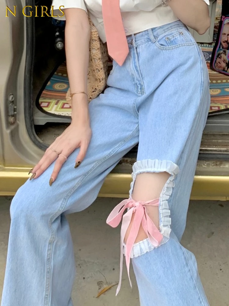 

N GIRLS Blue Korean Style Kawaii Sweet Jeans Women Japanese High Waist Casual Cute Jeans Female Bow Bandage Wide-legged Pants