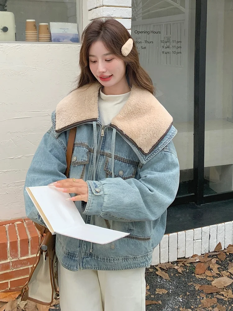 Бархатный джинсовый пуховик из овечьей шерсти с большими лацканами 90 женский