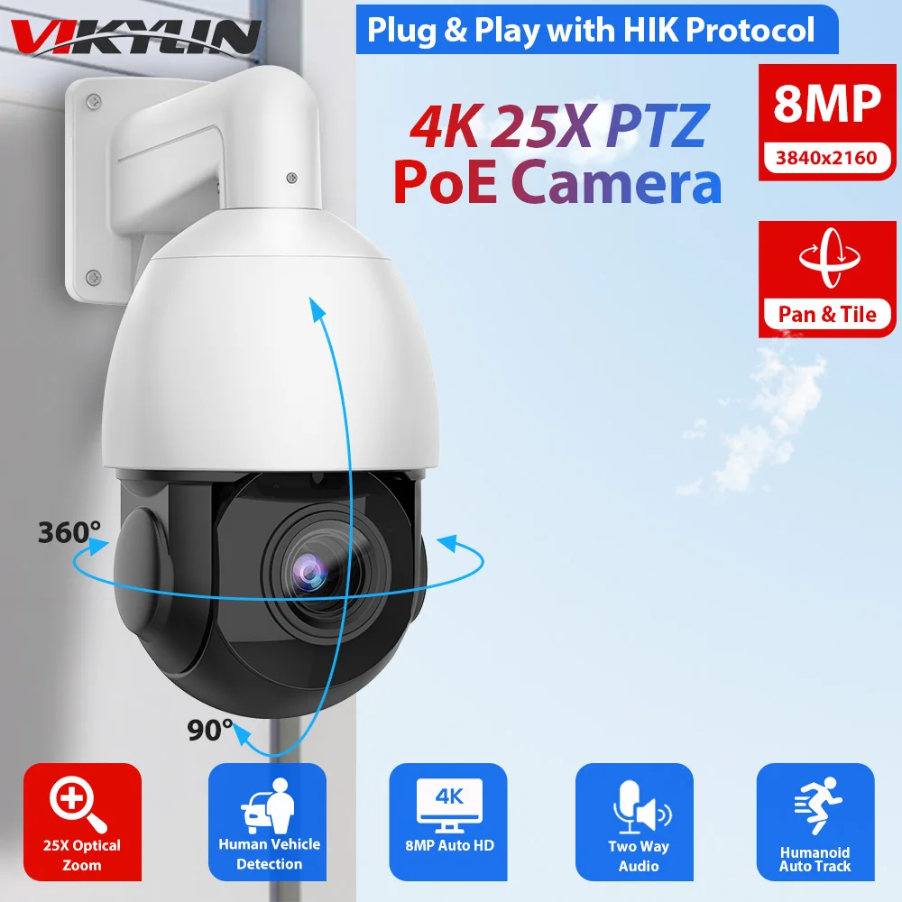 

Vikylin PTZ IP Camera 25X Zoom 8MP 4K For Hikvision Protocol PoE Auto Track Human Vehicle Detection Two Way Audio Cam Outdoor