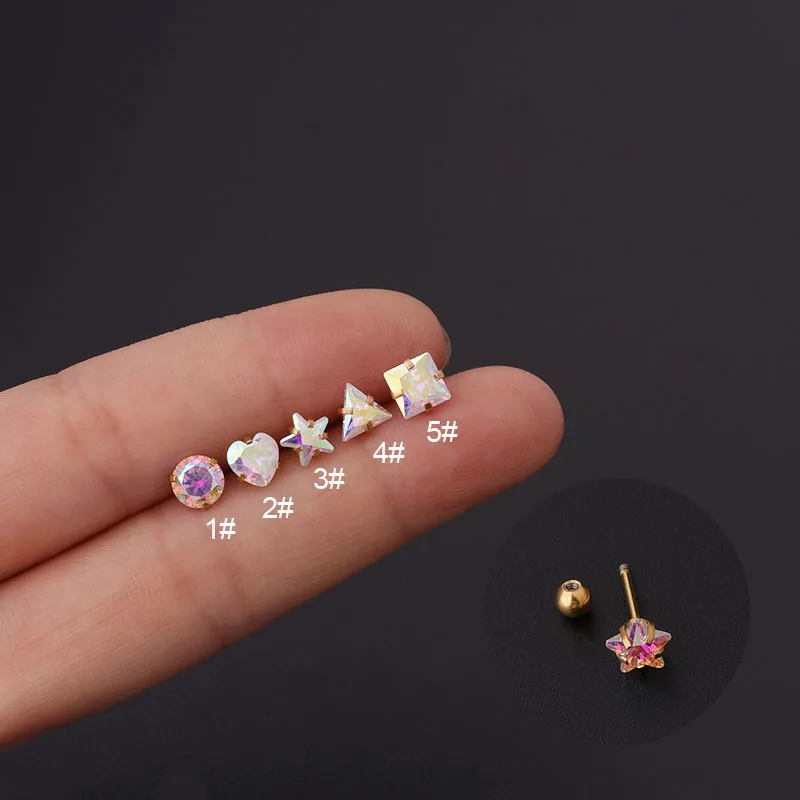 

Stainless Steel Piercing Stud Earrings AB Colored Zircon Helix Conch Cartilage Tragus Geometric Figure Earbone Piercing Jewelry