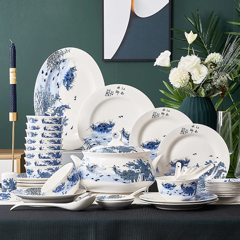 

Jingdezhen Ceramic tableware 56 rice bowl tableware set Jiangnan Water Town bowl plate ceramic tableware gift wholesale