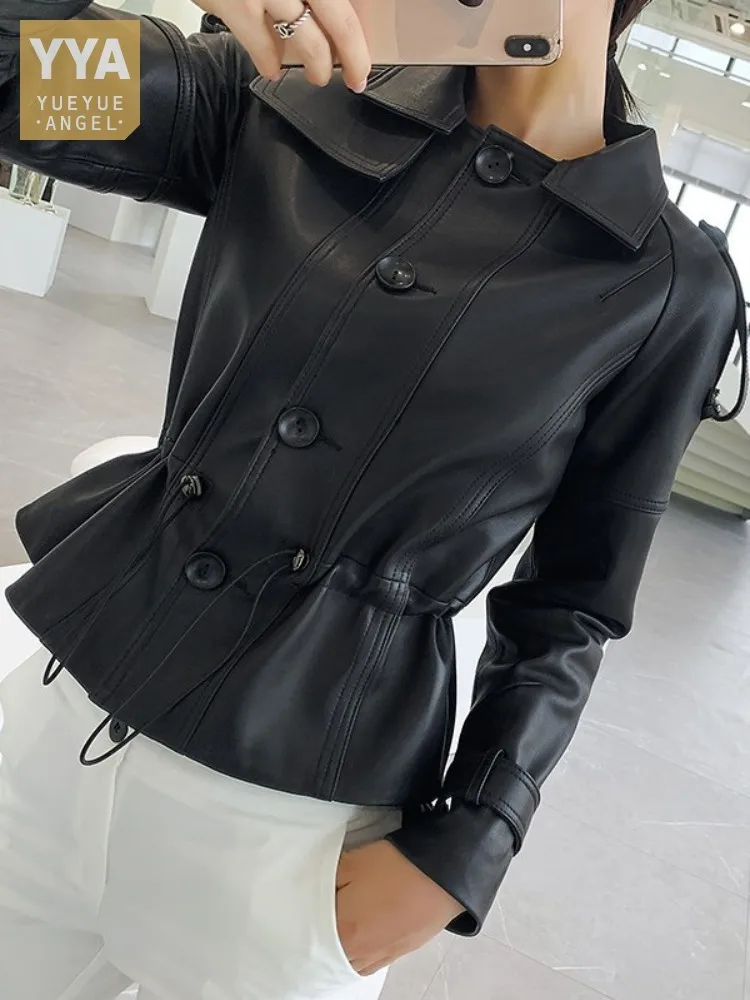 

Leather Genuine Office Jacket Ladies Adjustable Waist Slim Fit Sheepskin Short Coat Women Single Breasted Punk Biker Outerwear