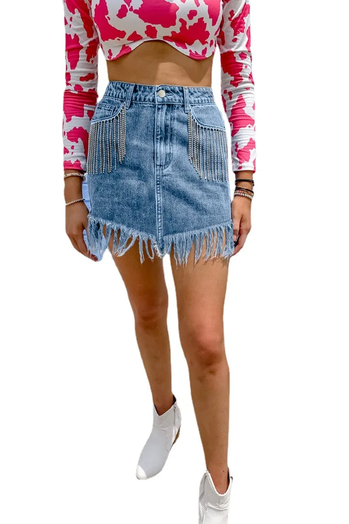 

New Women's Bodycon Skirt Rhinestone Tassel Denim Mini Micro Skirt