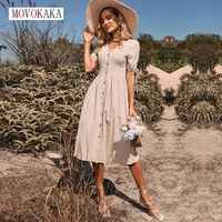 movokaka woman summer elegant cotton linen midi dress button party casual slim office lady vestidos v neck short sleeve dresses