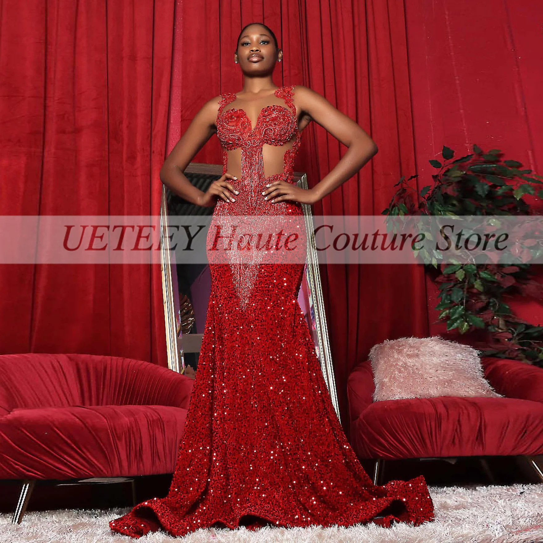 

Luxury Sparkly Red Prom Dresses For African Black Girls Sequined Beads Deep V Neck Backless Sexy Celebrity Party Evening Dress