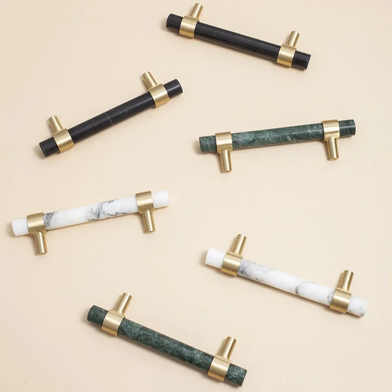 

White/Black/Green Marble Cabinet Handle Nature Stone Knobs for Drawer Modern Brass T Bar Furniture Door Pulls