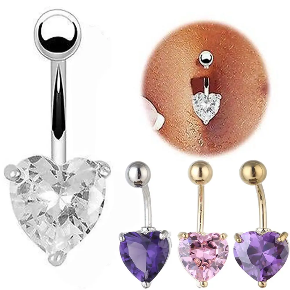 

Women Heart Zircon Crystal Navel Bars Belly Button Ring 316L Surgical Steel Fake Body Piercing