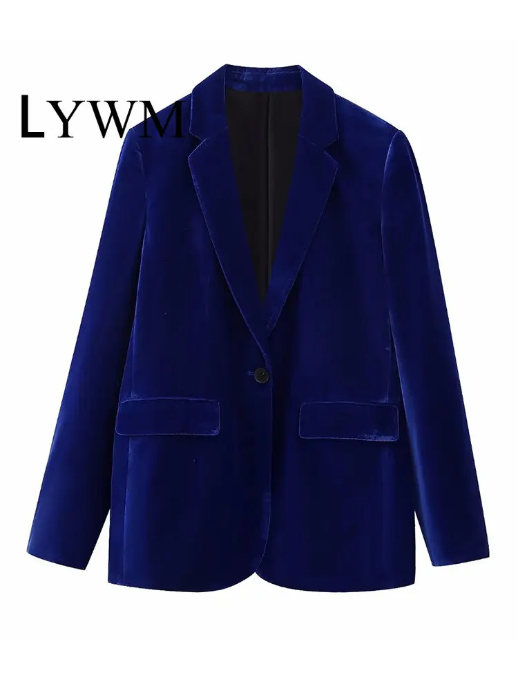 

LYWM Women Fashion With Pockets Velvet Blue Single Button Blazer Vintage Long Sleeves Notched Neck Female Chic Lady Outfits