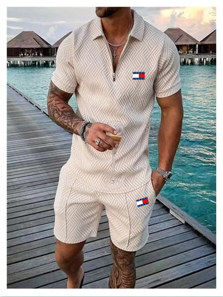 

Костюм спортивный мужской однотонный в клетку, рубашка-поло на молнии с короткими рукавами и шорты, Повседневная Уличная одежда, 2 предмета, ...