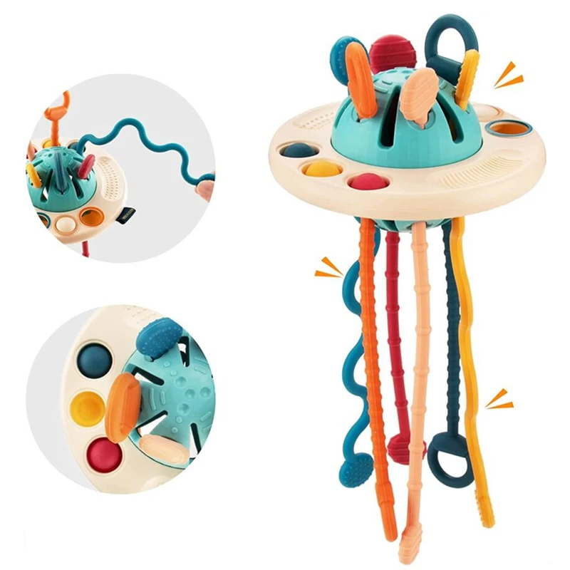 

Baby Montessori Pull String Developmental Sensory Toys UFO Food Grade Silicone Pull Activity Travel Toy Teething Toys for Babies