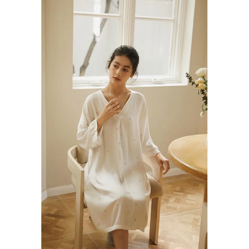 Осень 2023 атласная Элегантная ночная рубашка с длинным рукавом и принтом женское