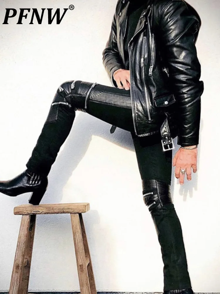 

PFNW Leather Multi Zipper Slim Fit High Street Style Jeans For Men New Fashion Tide Casual Niche Avant Garde Pants 12A4448