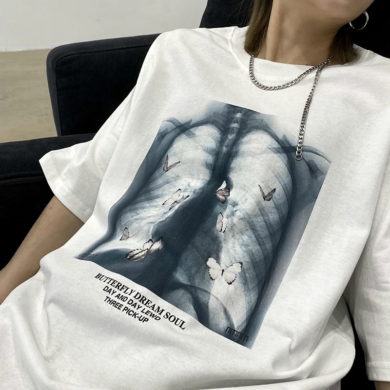 

Women T-Shirt Vintage Skeleton Print Oversized Tshirt Female 2021 New Summer Cute Streetwear Harajuku Short Sleeve Clothes Tops