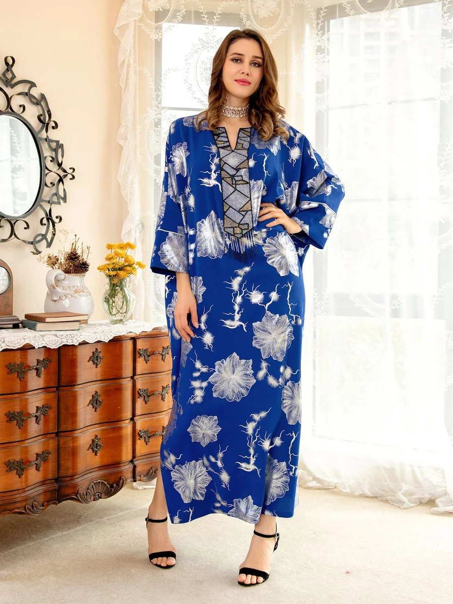 2022 Eid Mubarak мусульманское модное женское платье-абайя синяя мусульманская одежда бронзовая бисерная кисточка модная абайя кардиган кафтан Х...