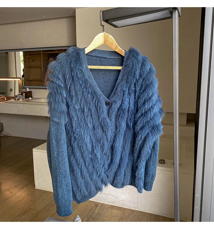 

EVLOOKS Loose Lazy Style Women's Knitted Cashmere Mid-length Coat Danish Blue Fox Fur Wool Sweater Cardigan Real Fur Jacekt