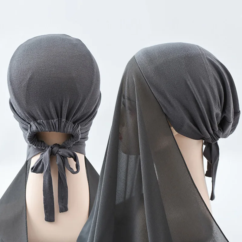 Women Underscarf Headscarf Turban Bonnet Cap Attached Chiffon Instant Hijab Adjustable Neck Cover Muslim Headwrap Long Shawl New