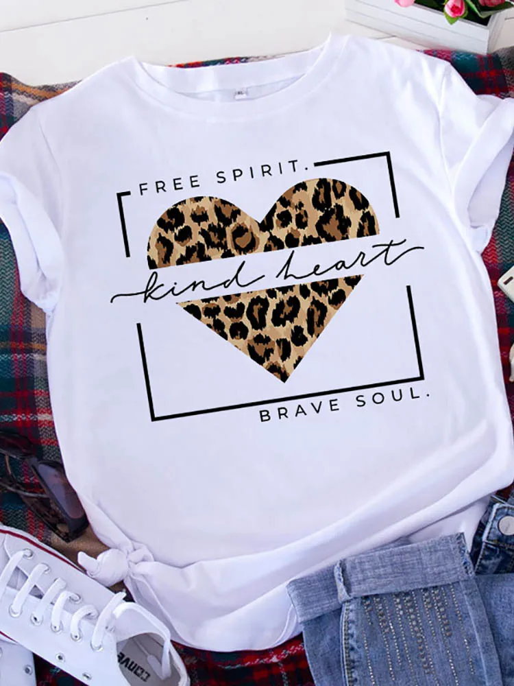 

JIERAN Graphic Printed T Shirt Free Spirit Brave Soul Women Short Sleeve Leopard Love Tshirt Valentine's Day Heart Woman Tee