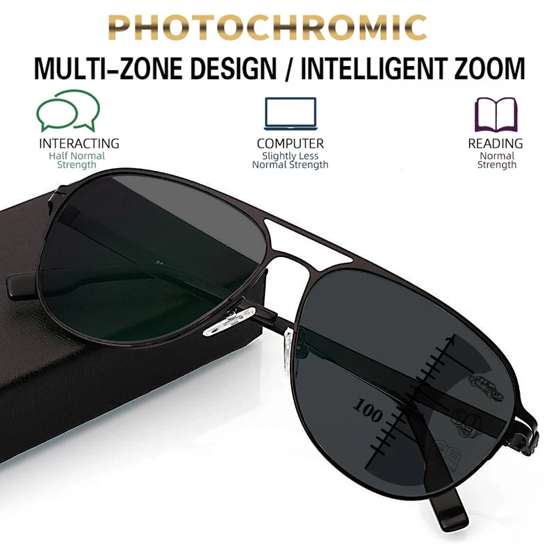 Large Frame Photochromic Multi-focus Reading Glasses Men Progressive Business Sun Glasses Anti-Blue Ray Goggles Outdoor Sunshade