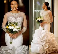 2022 mermaid ruffles african wedding dresses lace applique beaded tiered skirt organza bridal gowns vestidos de noiva