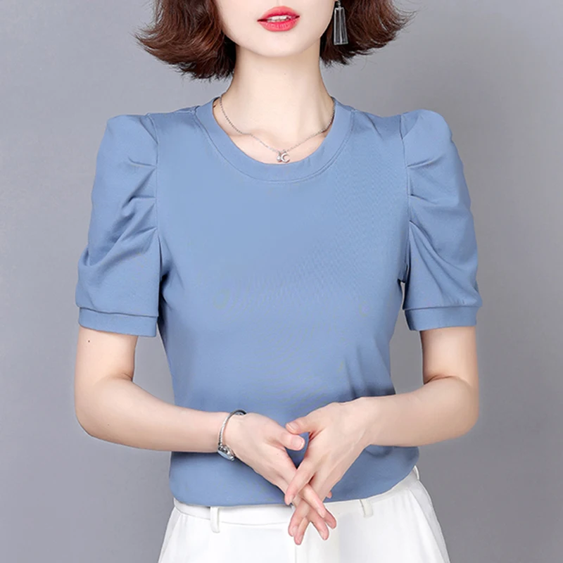 

Шикарная Корейская футболка с пышными рукавами, женская летняя футболка 2022 с круглым вырезом, винтажные милые топы, футболка, женская футбо...