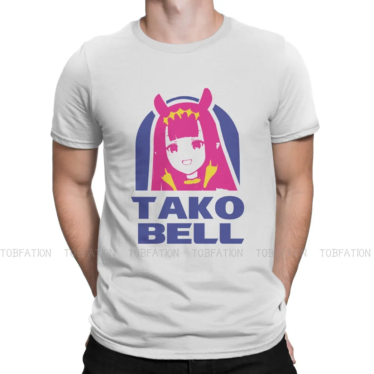 

En Ina Tako Bell Logo Parody Classic Hipster TShirts Hololive Virtual Host Group Box Male Style Pure Cotton T Shirt Round Neck