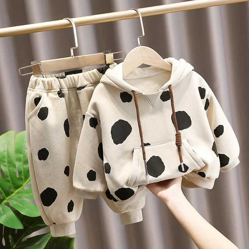 

Velvet Cute Baby Boys Girls Sets 2022 New Fashion Autumn Warm Soft Children Suits Hooded Pullover Tops+Loose Pants for 1-5Y