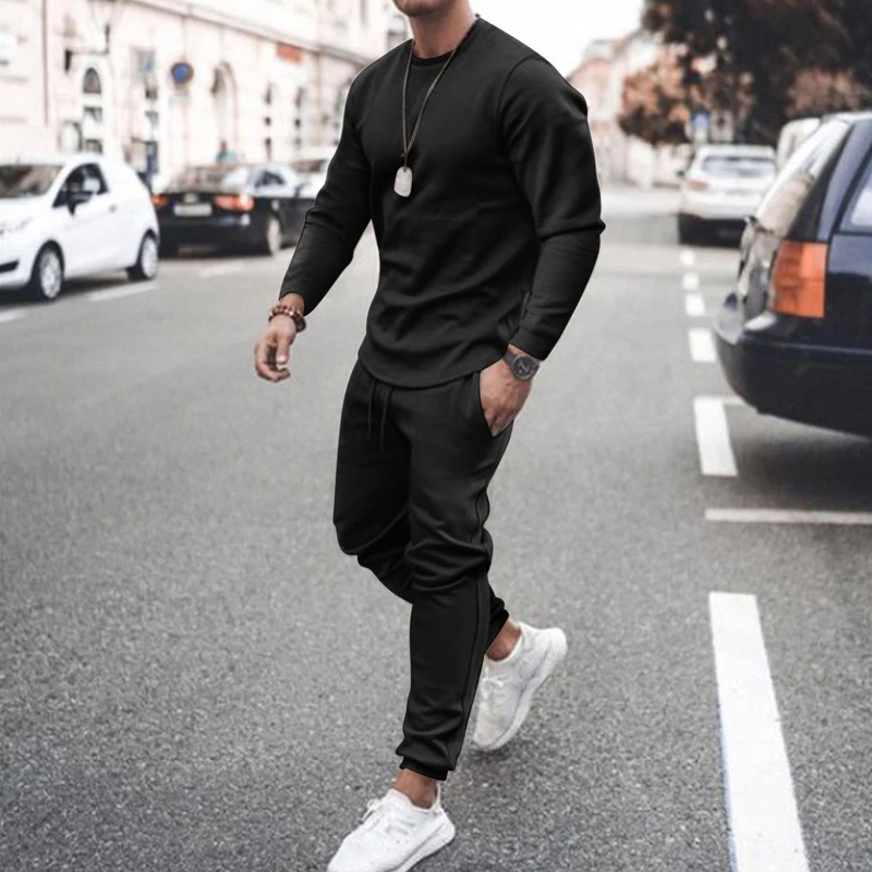 

Autumn Men Two Piece Set Fashion Long Sleeve O Neck T-Shirt And Slim Pockets Pant Suits For Men Casual Solid Outfits Streetwear