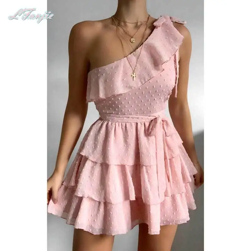 

pink tiered ruffled mini dress ONE SHOULDER summer DRESS Shirred bodice sexy party dress new chic ladies dress