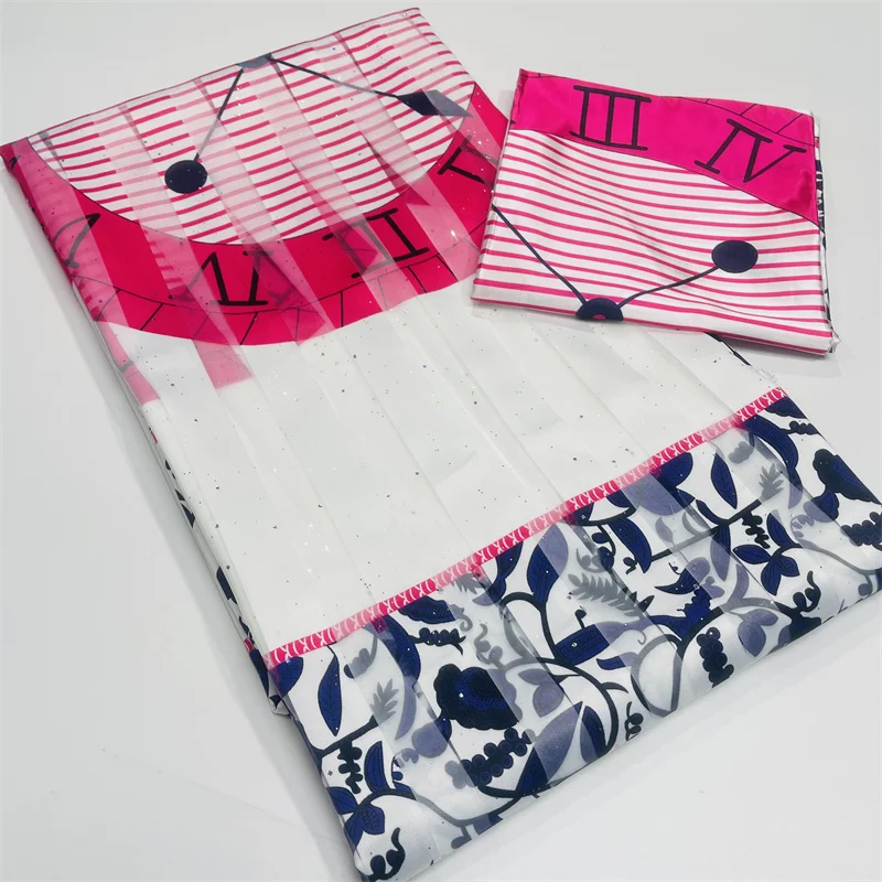 

African wax ribbon silk wax organza ankara satin fabric With diamonds 4 yards +2 yards chiffon audel/modell for dress LY080501