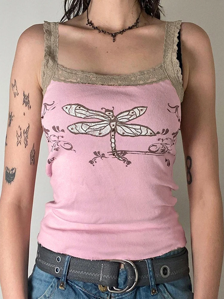 

New Cartoon Print Tank Tops Pink y2k Lace Mini Vest Women Backless Cute Summer Sweats Fairycore Chic Cropped Tee Harajuku