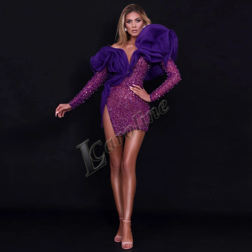 

Caroline Sexy Purple Beading Ruffles Sequins Mini Evening Dress Long Sleeve Sheath Prom Gowns Party Custom Made Abendkleider