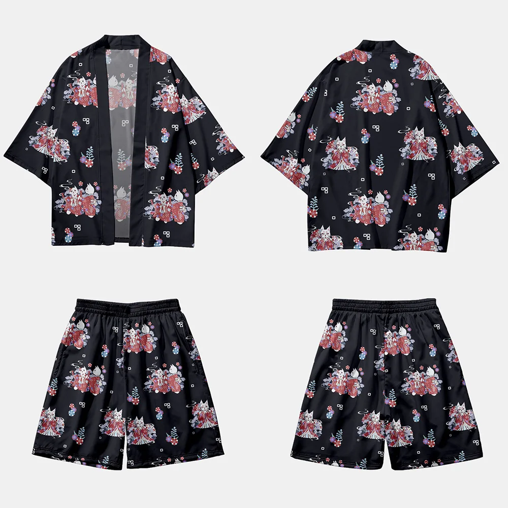 

Japan Cartoon Cat Samurai Printed Men Women Cardigan Cosplay Yukata Streetwear Loose Japanese Kimono Beach Shorts Shirt Haori