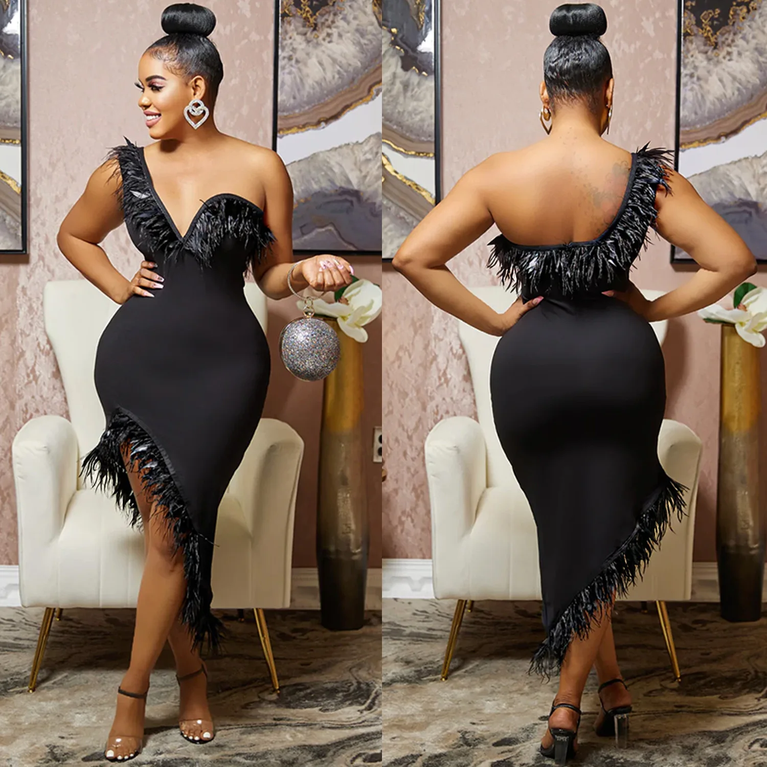 Women Sexy Feather Dress Deep V-neck One Shoulder Sleeveless Backless Party Club Dress Bodycon Homecoming Cocktail Dresses