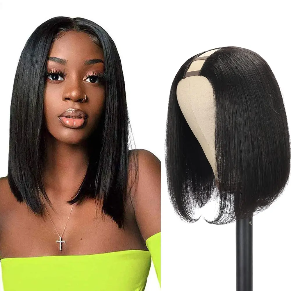 

Bob Straight U Part Wig For Women Brazilian Remy Hair Straight 12 Inch Short Bob U Part Wig Glueless Full Head Clip In Half Wig