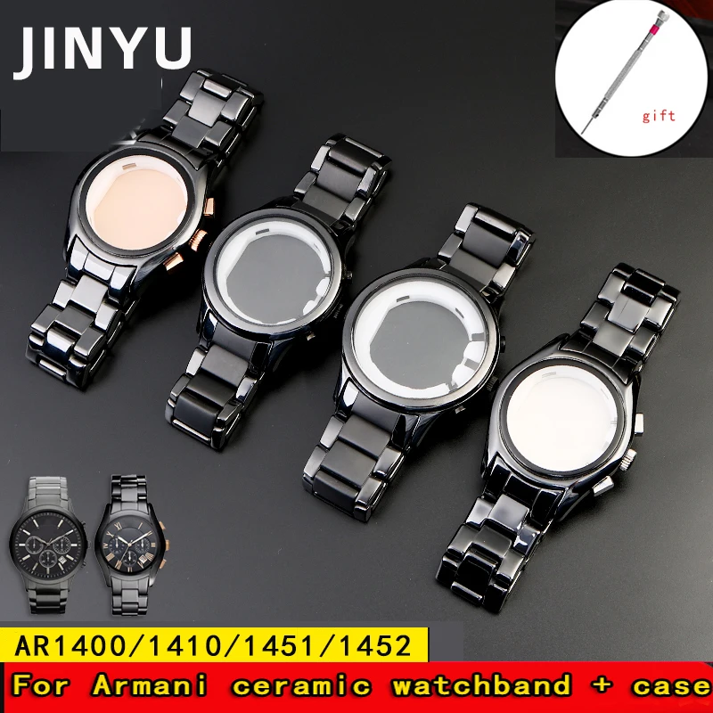 

High Quality Black men Strap Bracelet Accessories 22mm 24mm For Armani AR1452 AR1451 AR1410 AR1400 Ceramic watchband and case