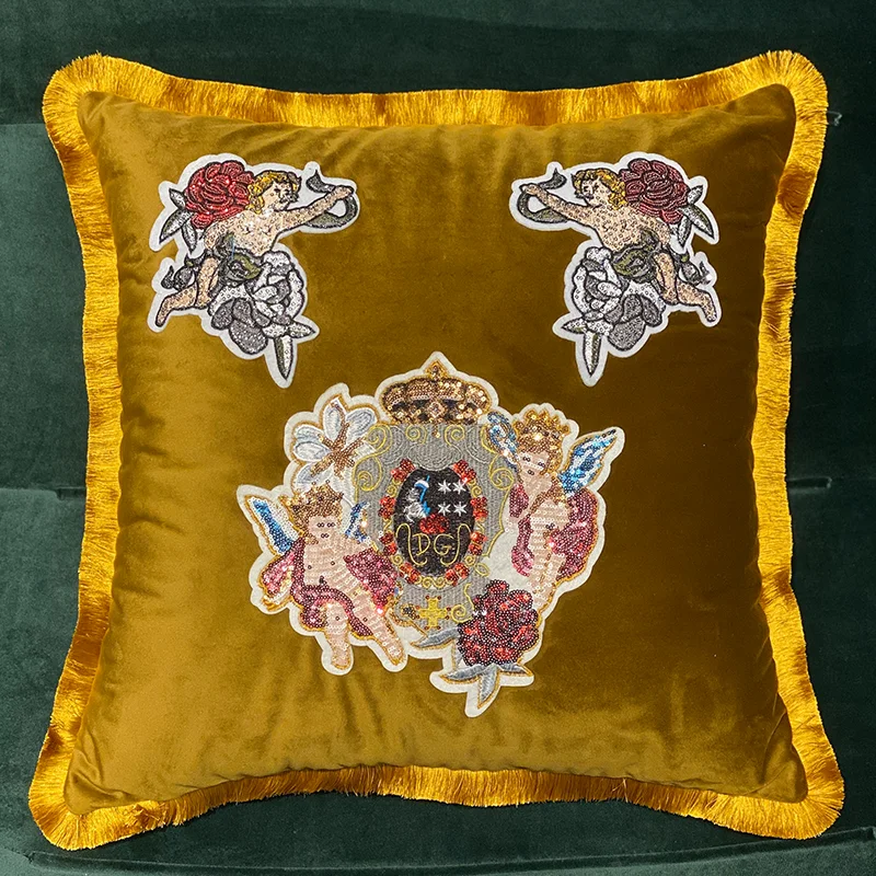 

Decor Retro Gold Pillow Cover Cupid Angels Sequins Embroidery Ginger Yellow Vintage Cushion Case With Tassels