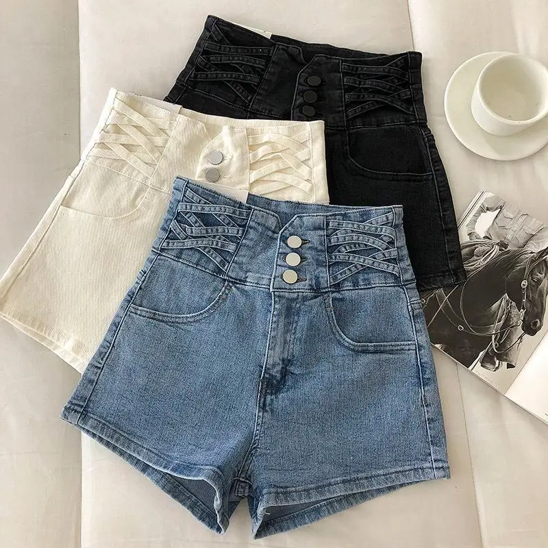 

2022 Summer New Korean Slim High Waist Denim Shorts Women Blue Black White S-xxl