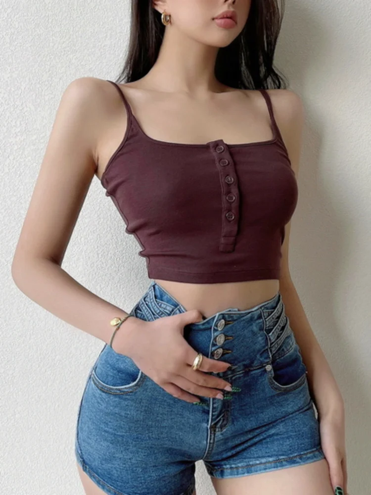 

Женский короткий топ с U-образным вырезом, однотонный пикантный эластичный облегающий жилет во французском стиле, однобортный короткий топ,...
