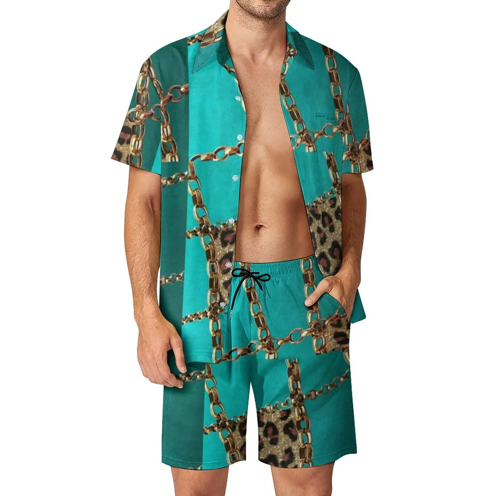 

Gold Chain Print Men Sets Animal Leopard Casual Shorts Beach Shirt Set Summer Cool Design Suit Short Sleeve Plus Size Clothing